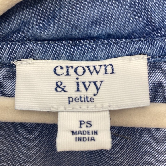 Crown & Ivy Blue Tencel Chambray Ruffle Neck Blouse Preppy Petite S - Picture 8 of 10
